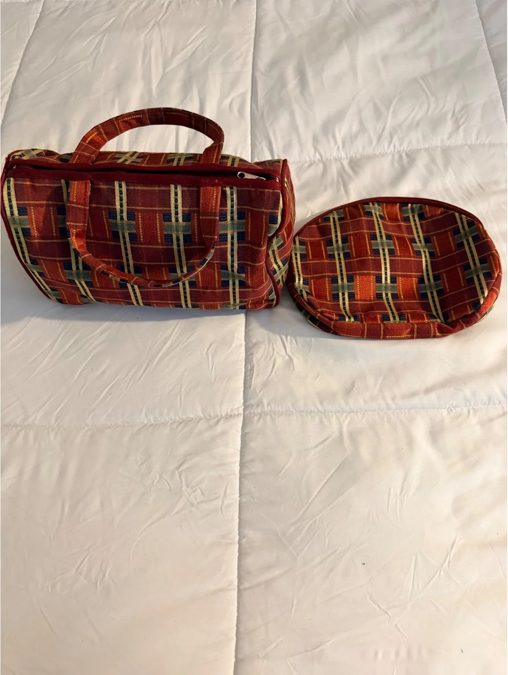 Vintage Multicolor Plaid Fabric Handbag with Matching RoundP